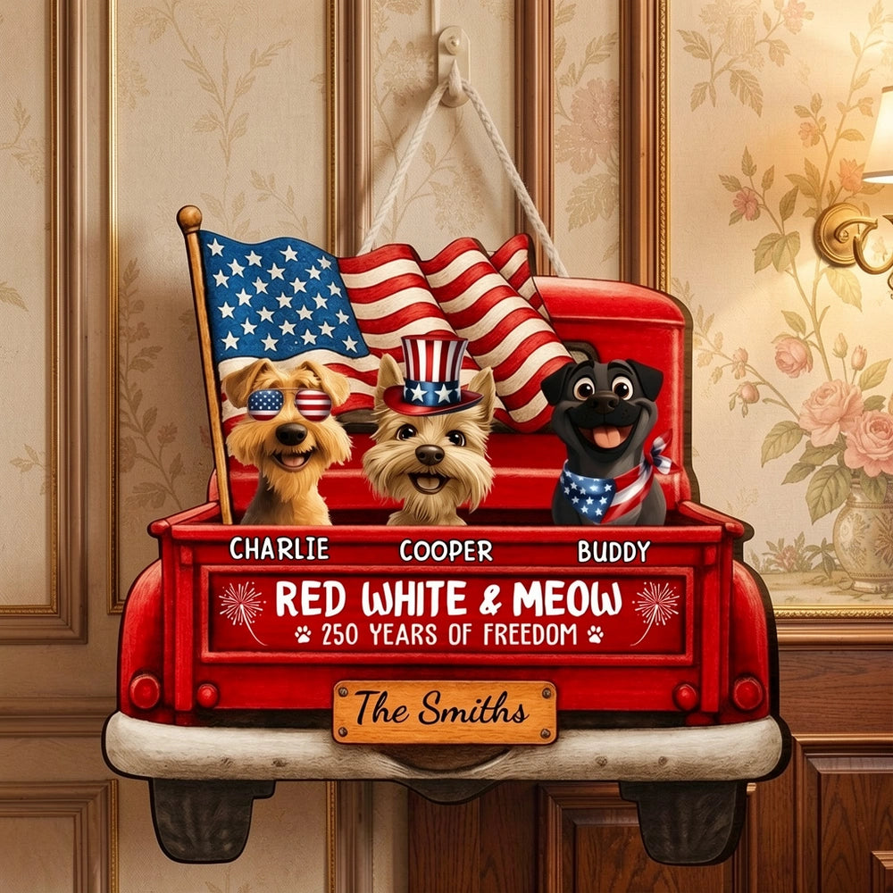 Personalized Patriotic Dog Wooden Sign, Red Truck With American Flags, Cute Funny Kitchen Decor, Unique Gift For Dog Lovers