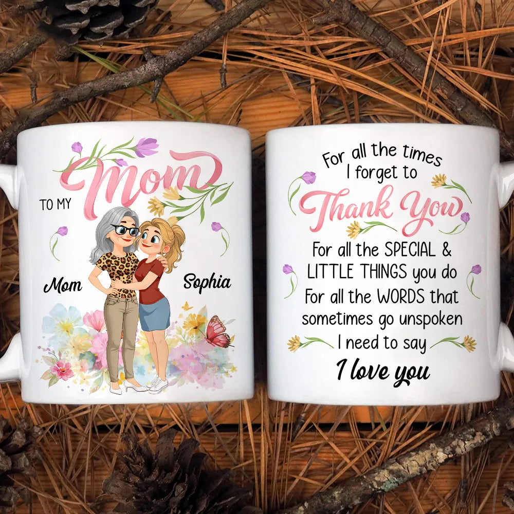 Personalized Ceramic Mug for Mom - Custom Hugging Mom and Daughter Design, Floral Thank You Quote, Unique Gift