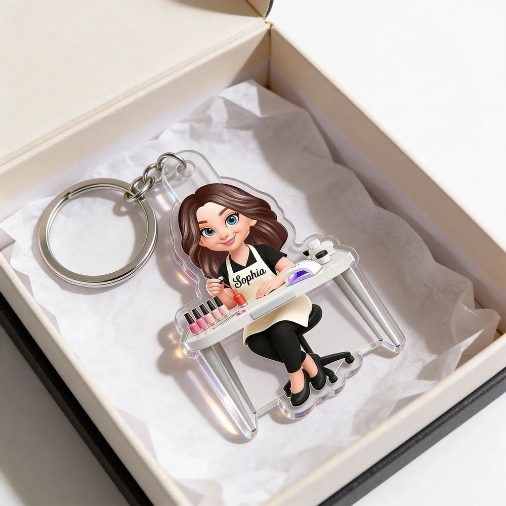 Personalized Nail Technician Acrylic Keychain, Cute Salon Desk Cartoon Charm, Unique Gift for Her