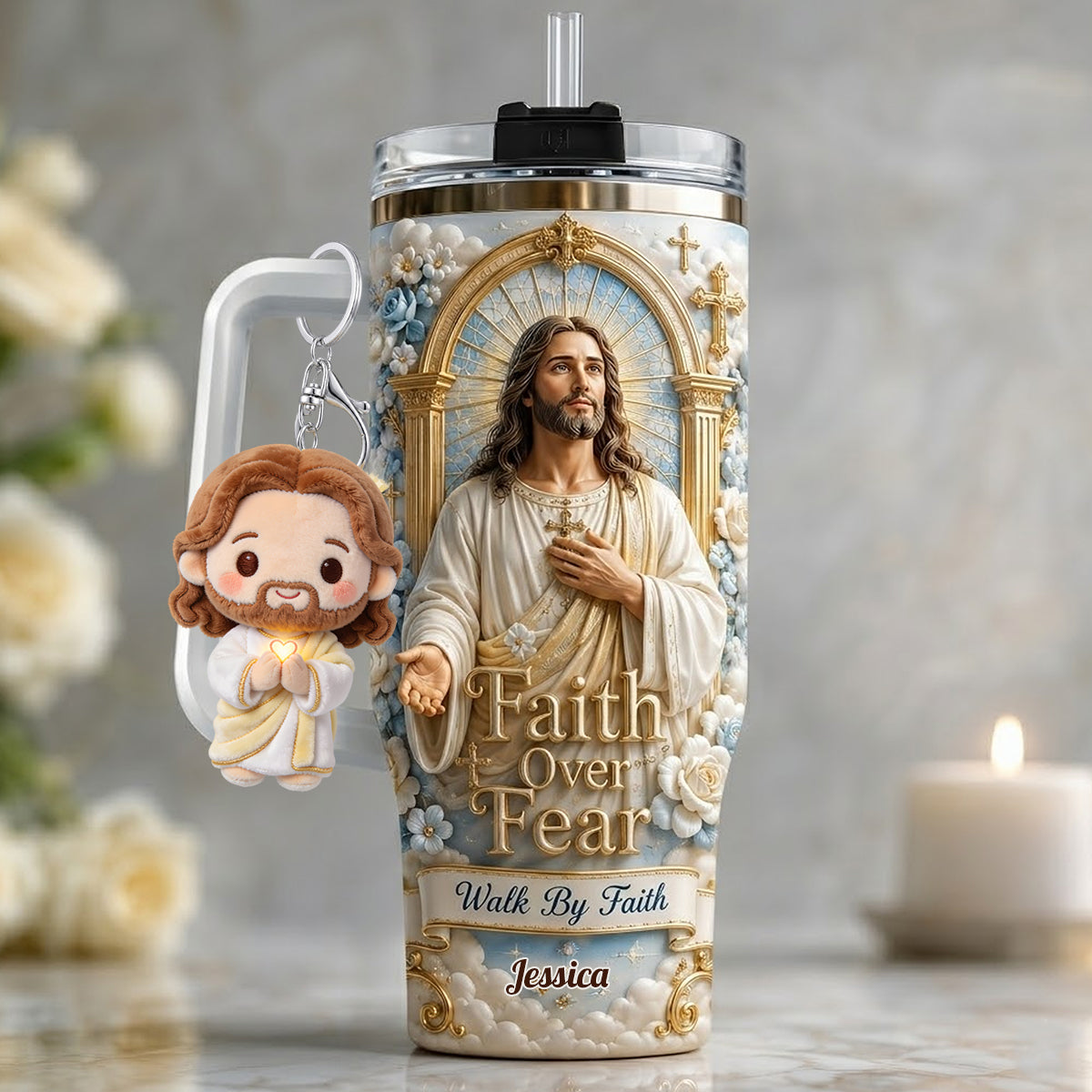 Faith Over Fear - Personalized Christian Tumbler With Plush Charm
