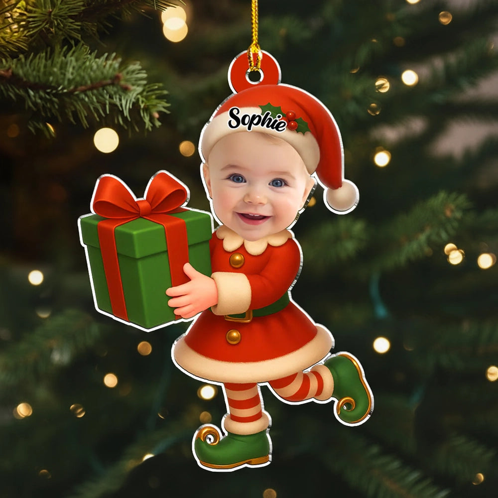 Acrylic Ornament - Personalized Little Elf with Surprised Face, Christmas Tree Decor, unique gift for Mom, Dad & Grandparents