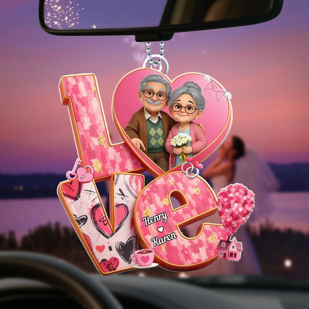 Personalized Acrylic Car Hanger, Cute Elderly Couple in Heart LOVE Design, Sweet Rearview Mirror Decor, Unique Gift for Couples