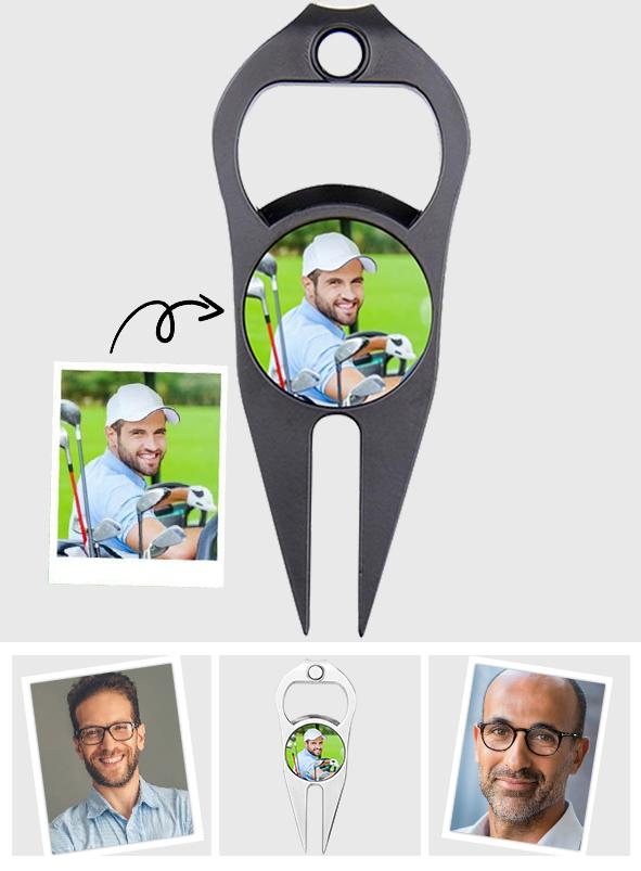 Funny Photo Ball Marker Multipurpose Bottle Opener - Golf gift for dad, him, boyfriend, husband, grandpa - Personalized Golf Fork Ball Marker