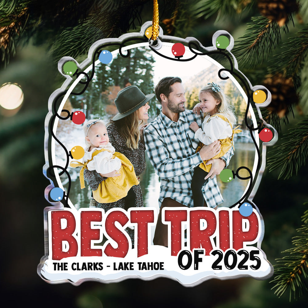 Acrylic Ornament Custom Photo, Festive Lights Frame, Family Hug by a Mountain Lake - Unique Gift for Travelers & Families