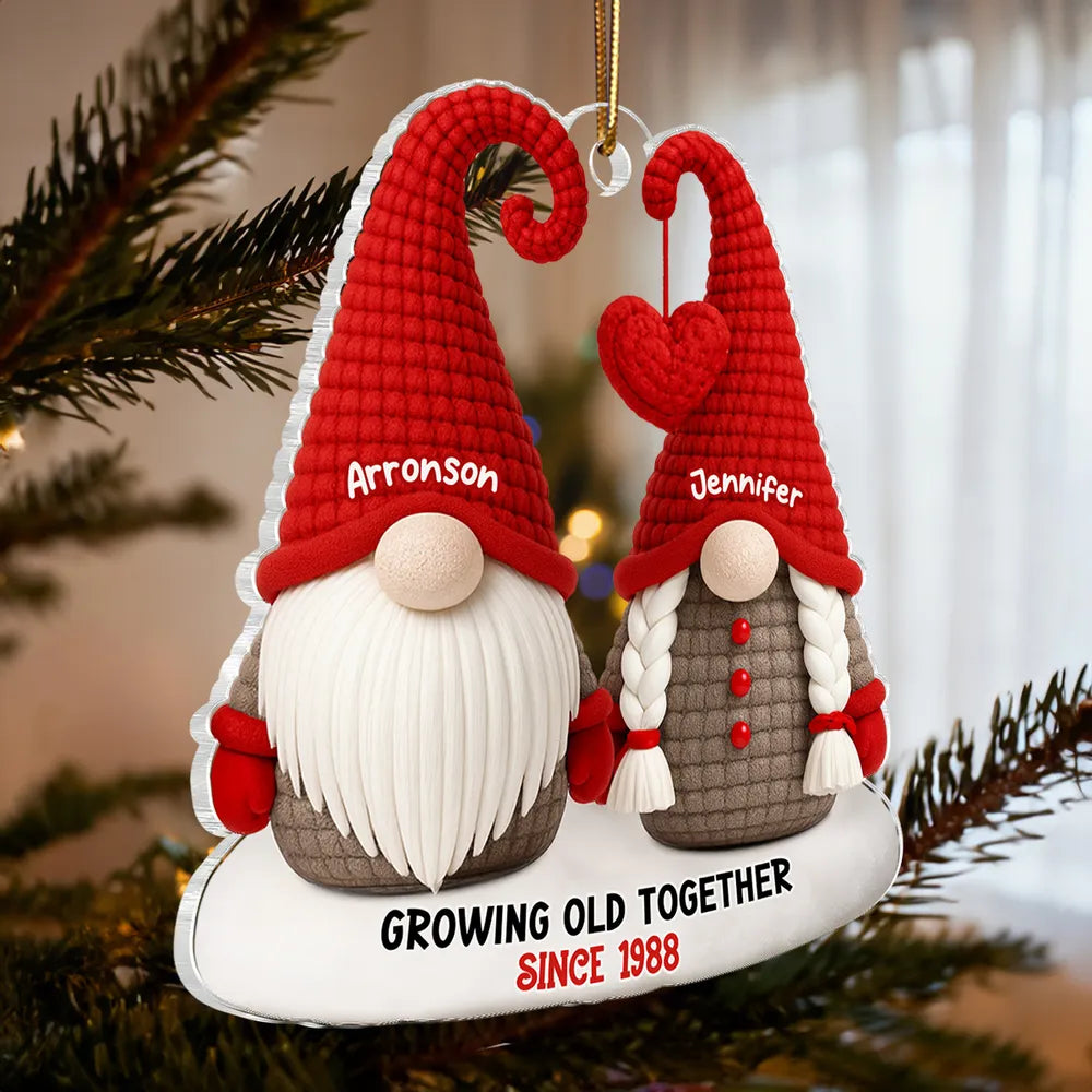 Personalized Acrylic Ornament with Cute Gnome Couple and Heart - Christmas Tree Decor, Unique Gift for Couples