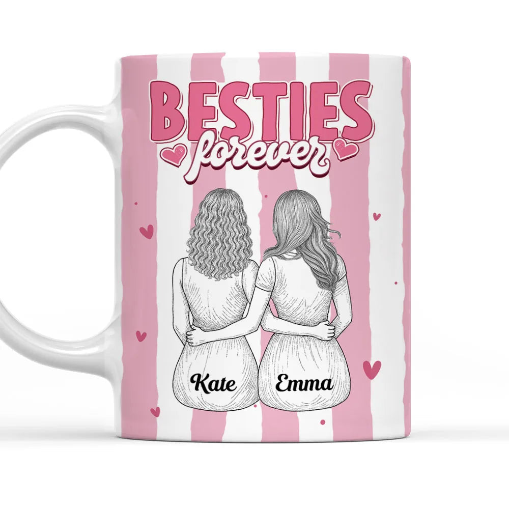 Besties Forever Ceramic Mug, Personalized Coffee Mug for Best Friend or Sister, Sweet Hug Illustration Unique Gift