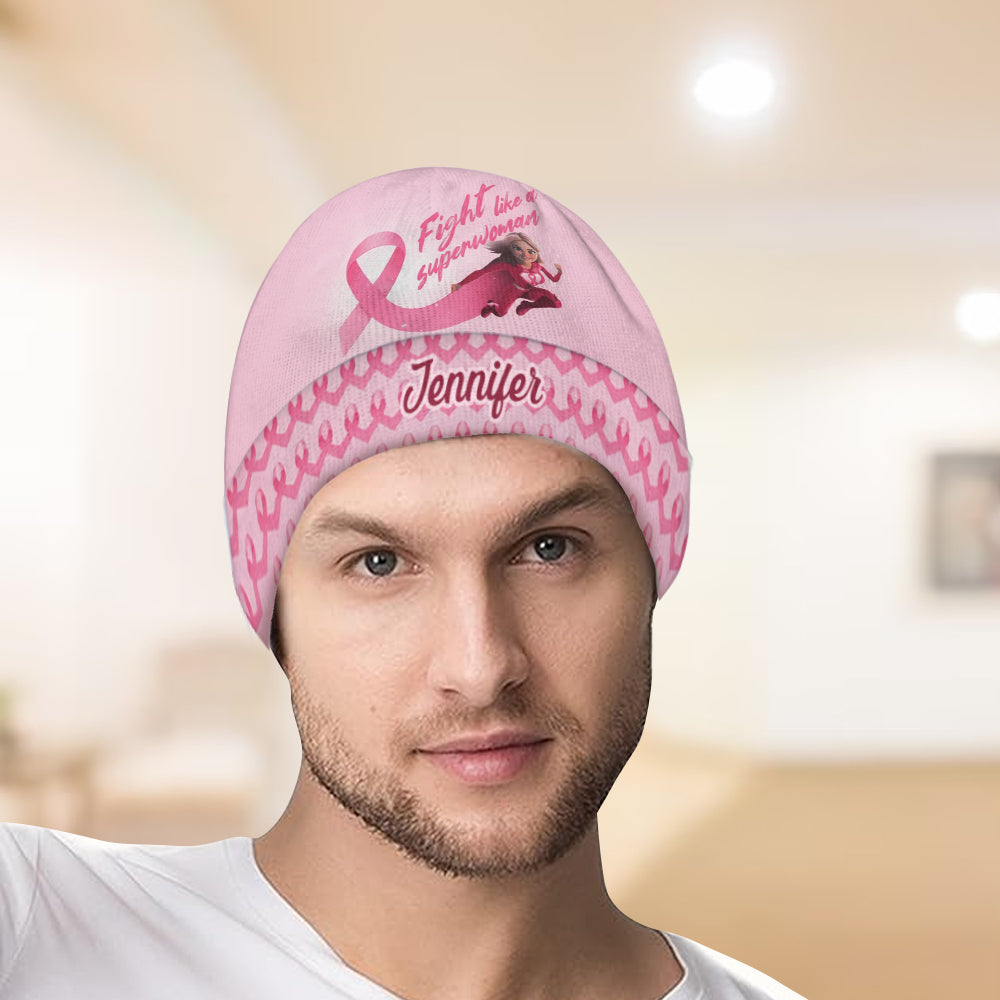 Fight Like a Superwoman, Breast Cancer Awareness - Personalized Breast Cancer Awareness Beanie Hat