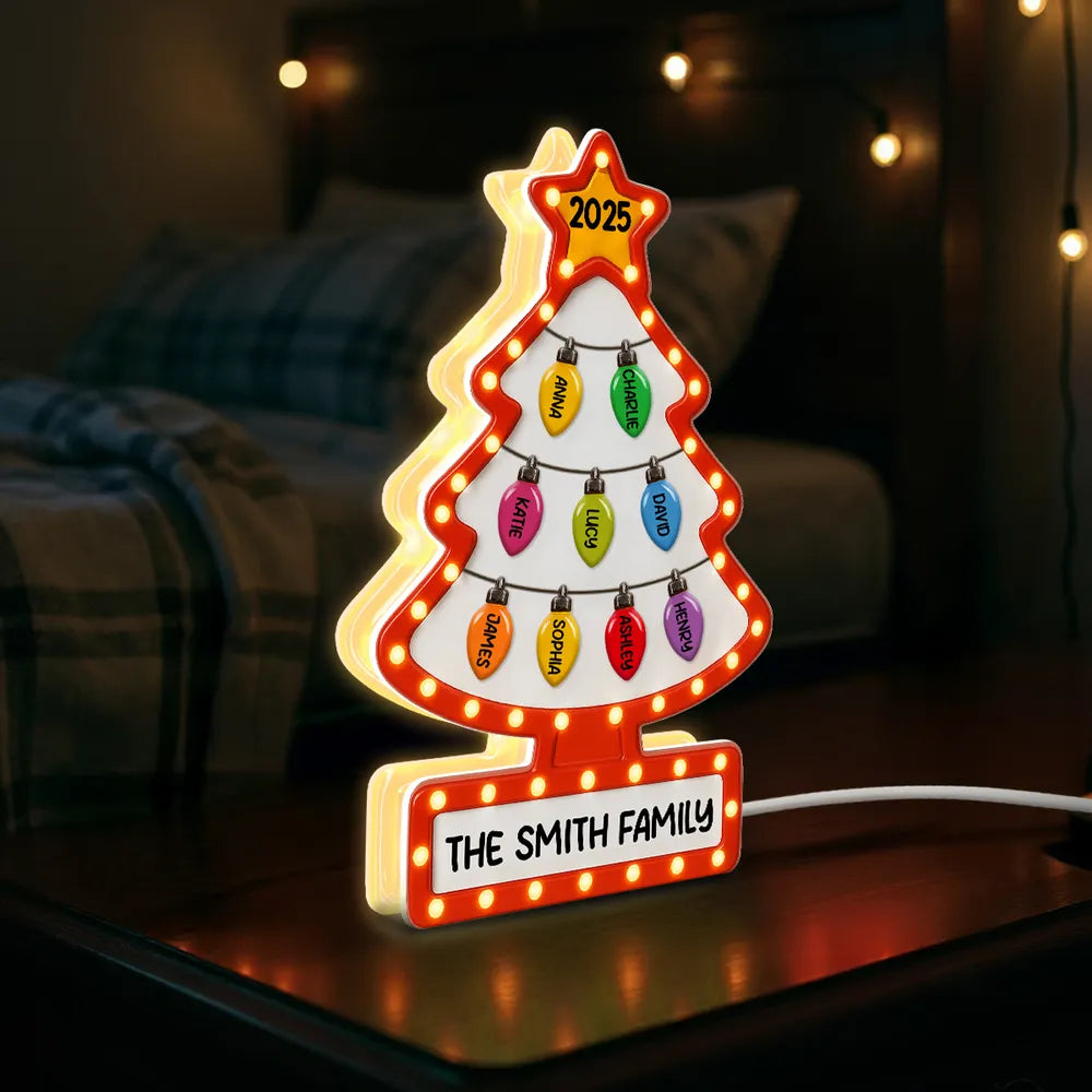 Family Christmas Tree Acrylic Light Box – Personalized Holiday Gift, Festive Home Decoration