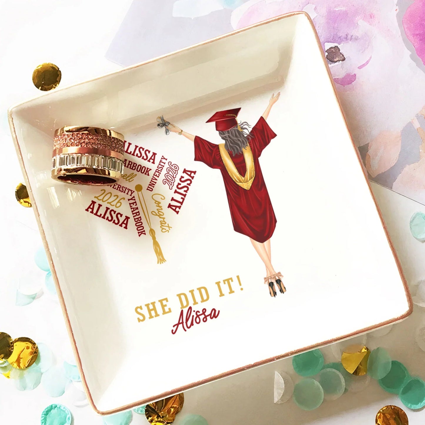 She Did It Jewelry Dish, Personalized Keepsake Tray for a Graduate, Everyday Ring Holder and Vanity Decor Gift