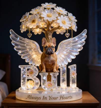 Custom Always In Our Hearts Angel Wings Figurine, Personalized French Bulldog Memorial Tree Lamp Statue, Dog Loss Sympathy Night Light