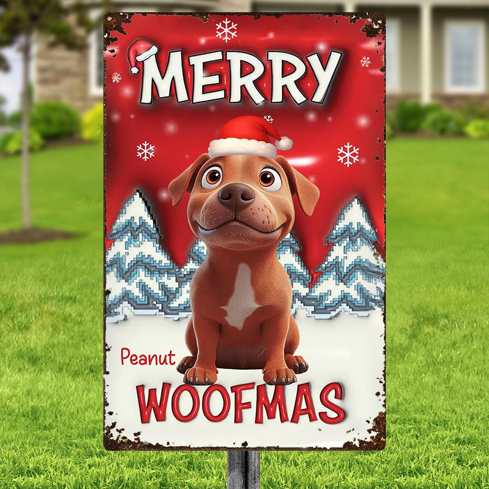 Custom Dog Rectangular Iron Sign Merry Woofmas – Playful Santa Hat Pup in Snowy Christmas Yard, Heartwarming Personalized Holiday Gift