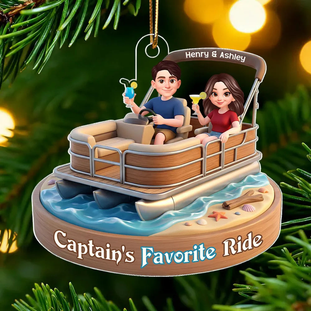 Acrylic Car Hanger Personalized Captain's Favorite Ride with Smiling Boat Couple, Cute Car Mirror Decor Gift for Couples