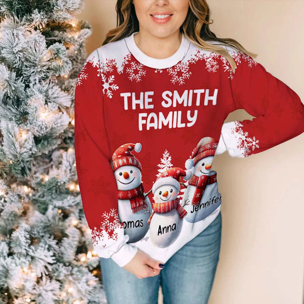 Printed Sweatshirt with All-Over Snowflakes & Snowman Family, Christmas-Ready Comfort, Unique Heartwarming Gift for Families