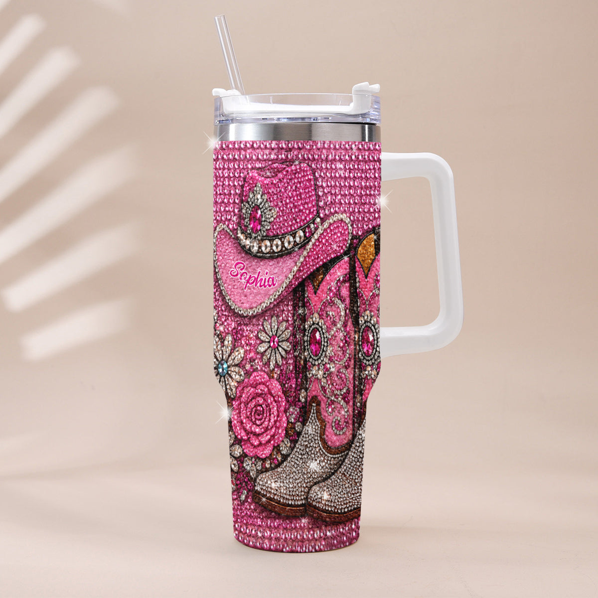 Cowgirl Boots - Personalized Cowgirl Rhinestone Tumbler With Plush Charm