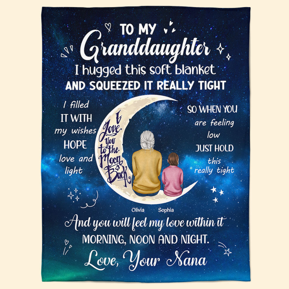 Granddaughter Blanket - Galaxy Moon & Stars, grandma & child sitting, I love you to the moon and back - unique gift
