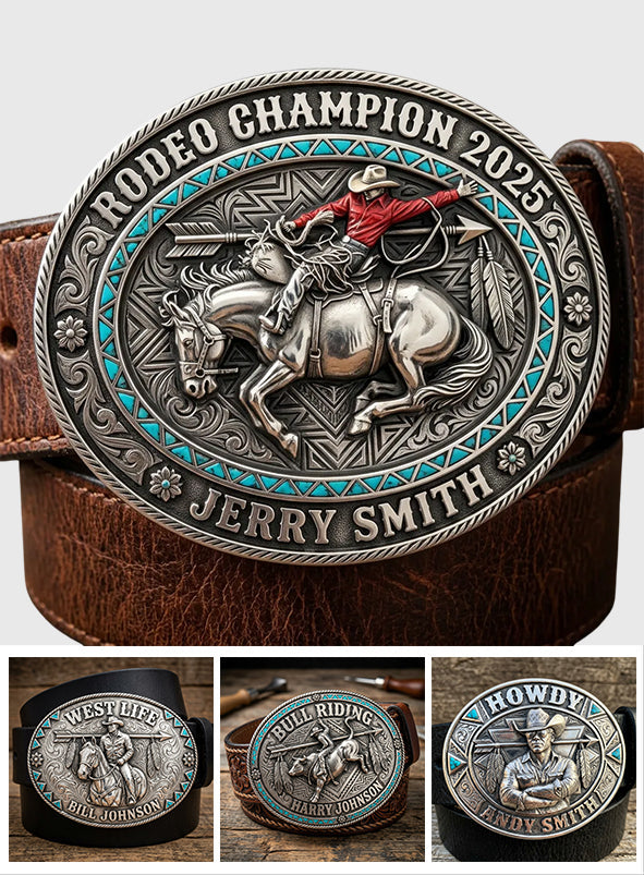 Custom From Any Photo, Rodeo Gift, Bull Riding - Personalized Western Outfit Leather Belt With Shaped Buckle