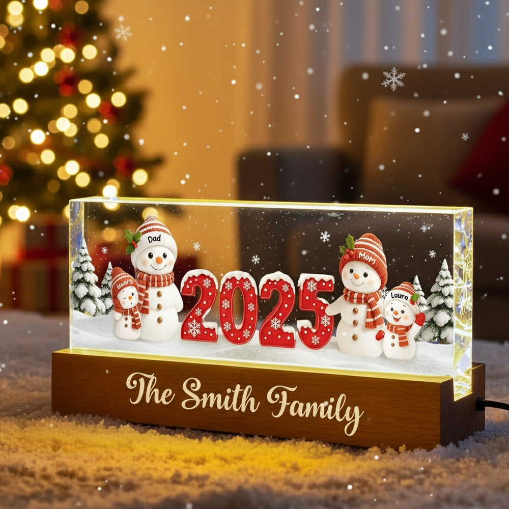 Family Snowman Block LED Light Plaque, Personalized Acrylic Night Light for Christmas, Warm Glow Decor, Unique Gift for Husband or Wife