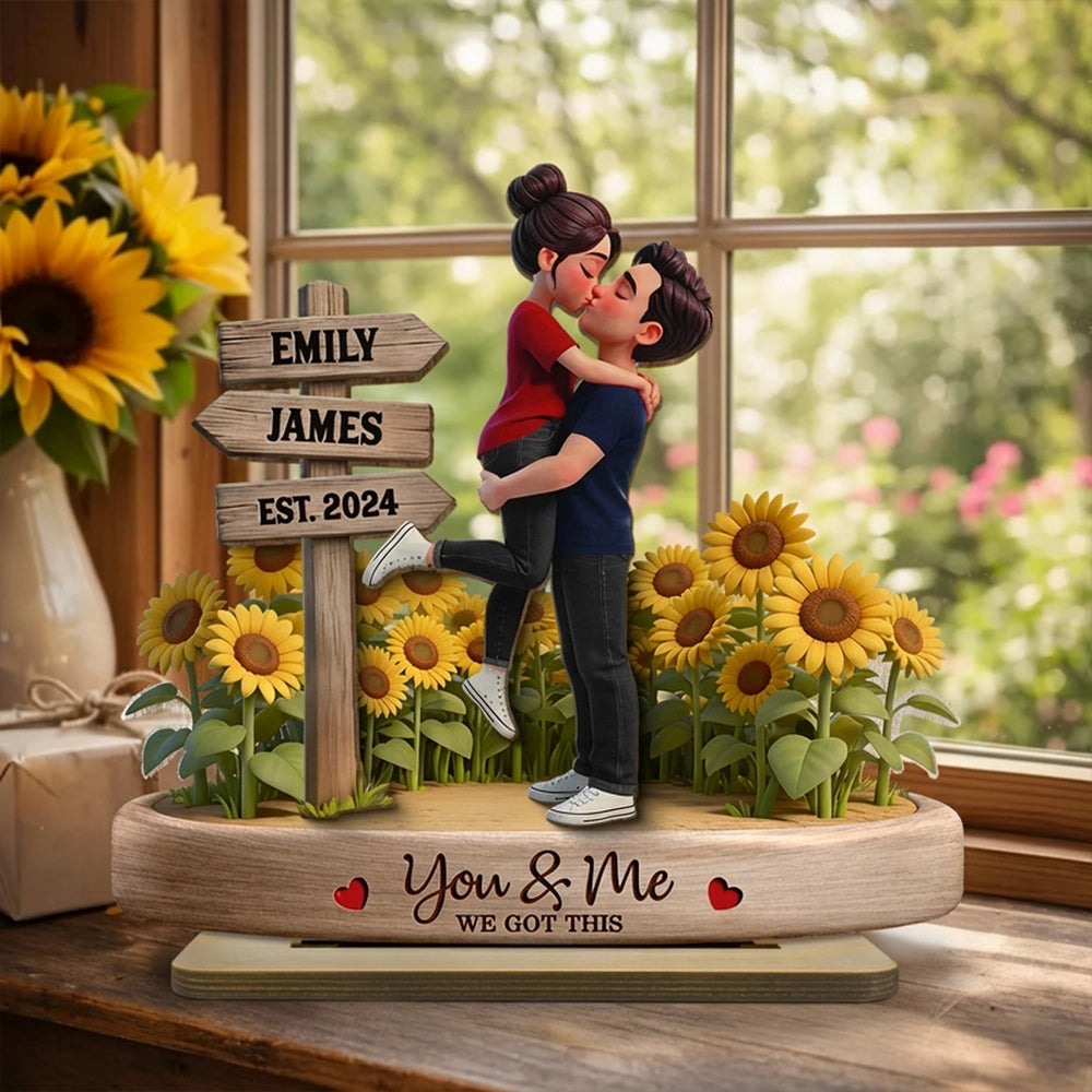 Personalized 2-Layer Wooden Plaque Couple Hugging Kiss in Sunflowers You & Me We Got This Unique Gift for Wife or Husband