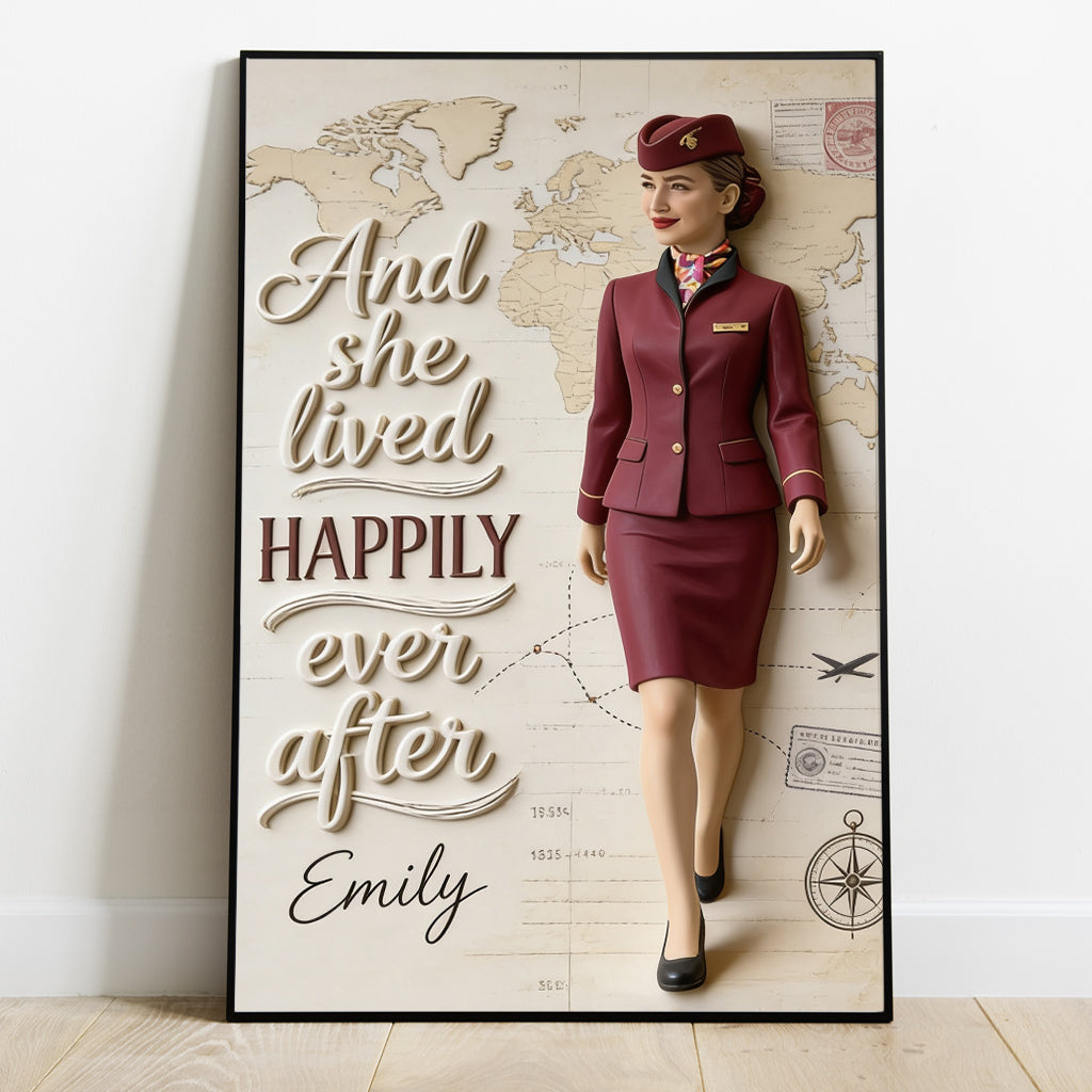 And She Lived Happily Ever After - Personalized Flight Attendant Canvas And Poster