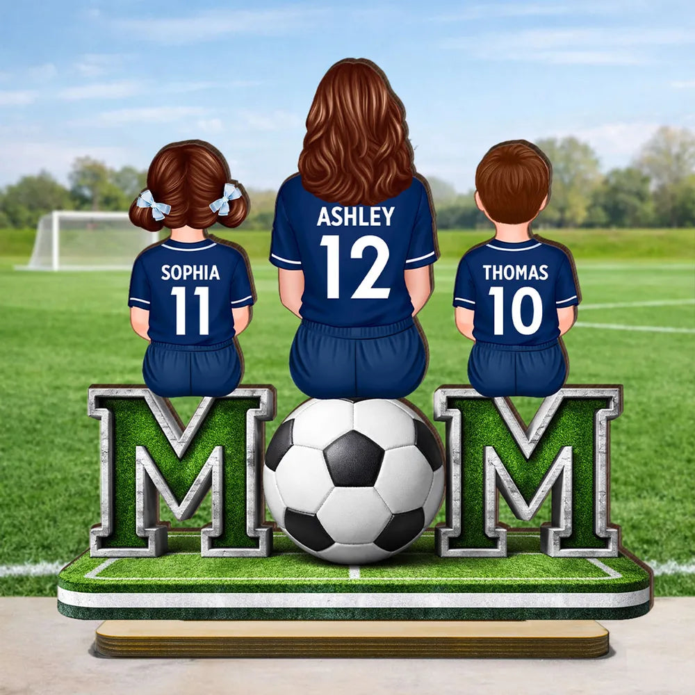 Personalized Soccer Mom and Kids 2-Layer Wooden Plaque, Sitting on Field with Ball, Unique Gift for Mom with Heartfelt Keepsake
