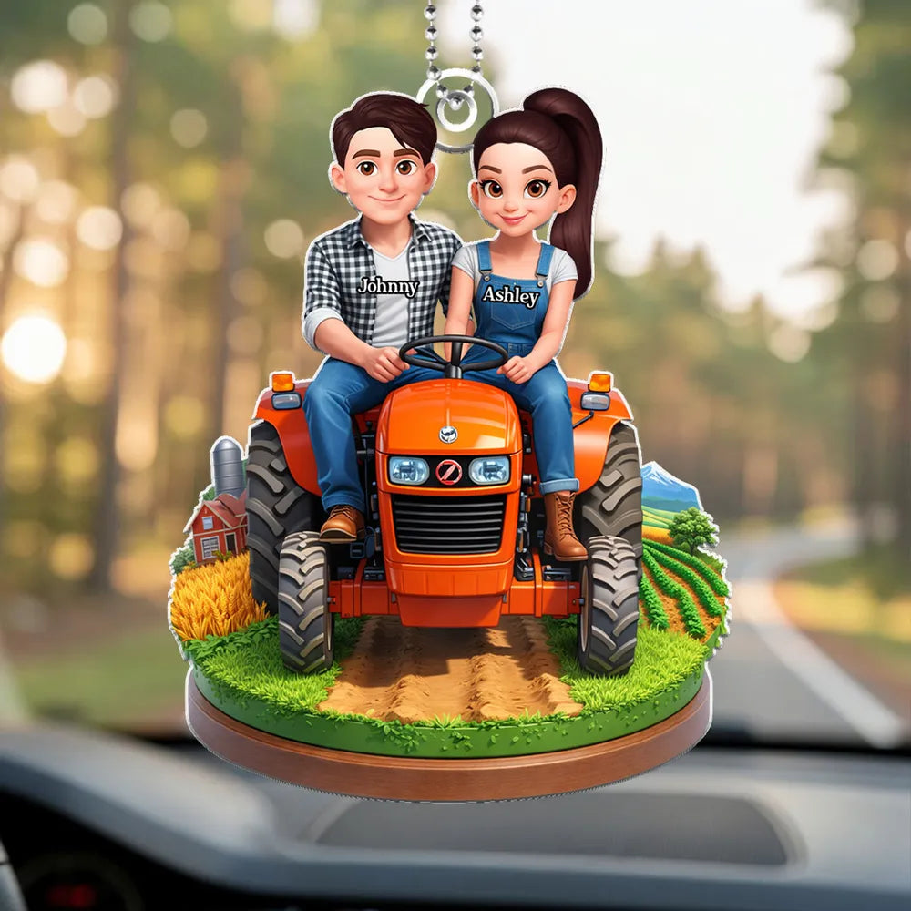 Personalized Acrylic Car Hanger Cute Cartoon Farmer Couple on Tractor, Country Drive Mirror Decor, Unique Gift