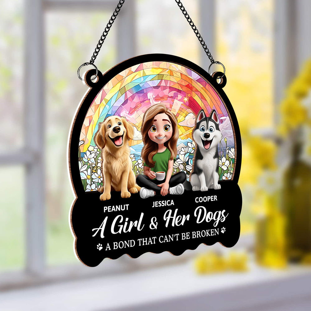 Personalized Wood and Acrylic Layered Ornament – ‘A Girl & Her Dogs’ Design, Vibrant Rainbow and Floral Background, Perfect Gift for Dog Lovers