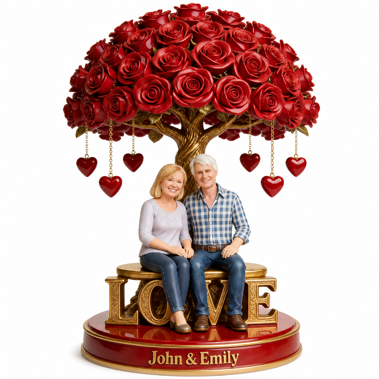 Custom Personalized Old Couple Figurine Statue under Red Rose Heart Tree, Engraved Name Anniversary Wedding Gift Home Decor Sculpture