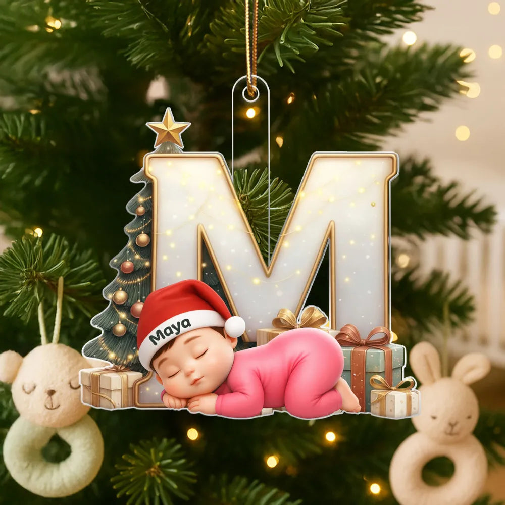 Baby Sleeping Initial Monogram Acrylic Ornament, Christmas Tree & Lights, unique gift for New Parents and Grandparents