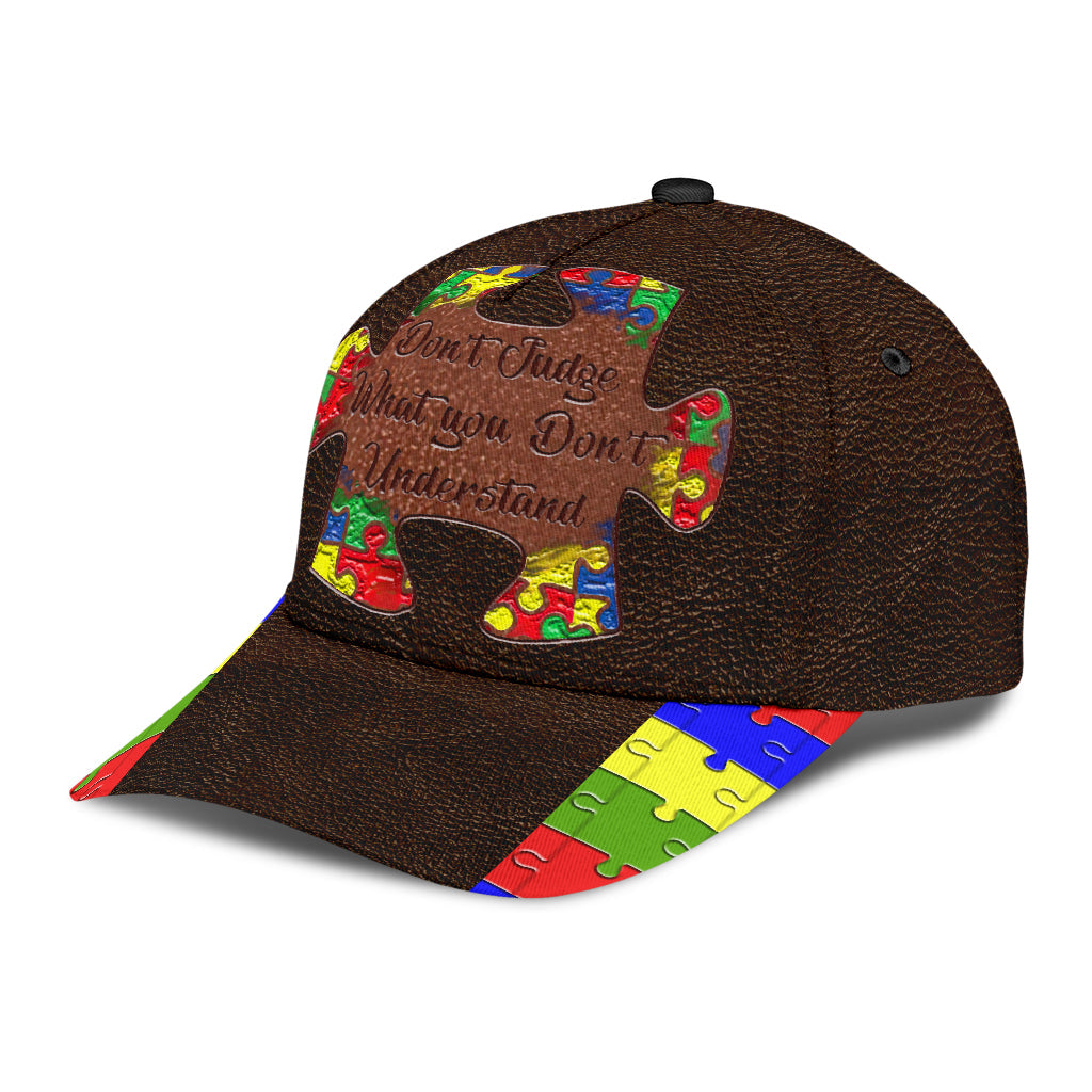 Don't Judge Leather Pattern Print Autism Awareness Classic Cap 0622