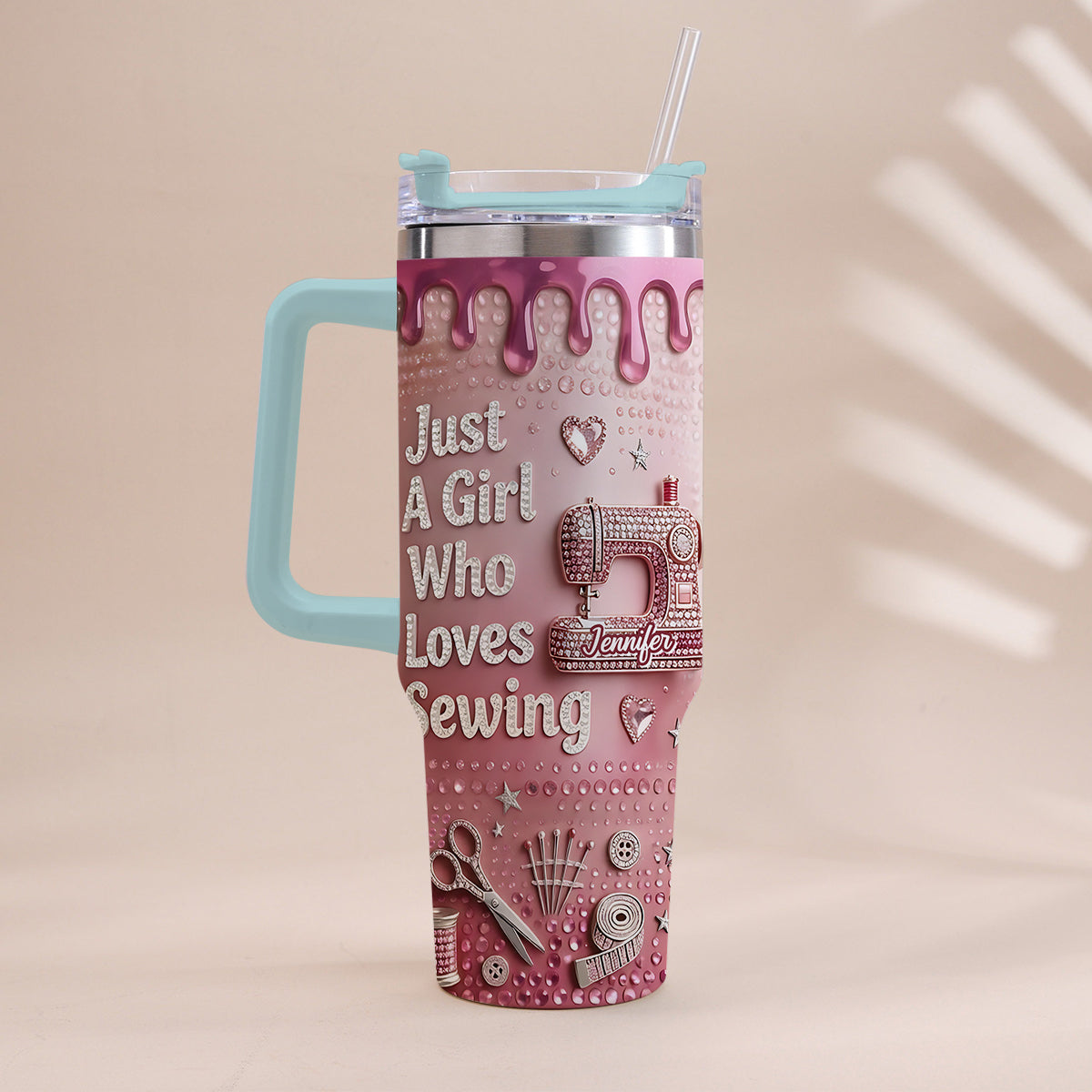 Just A Girl Who Loves Sewing - Personalized Sewing Tumbler With Handle