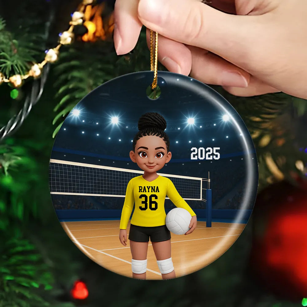 Volleyball Girl Ceramic Ornament with Court Scene, Unique Gift for Teen Athlete or Daughter