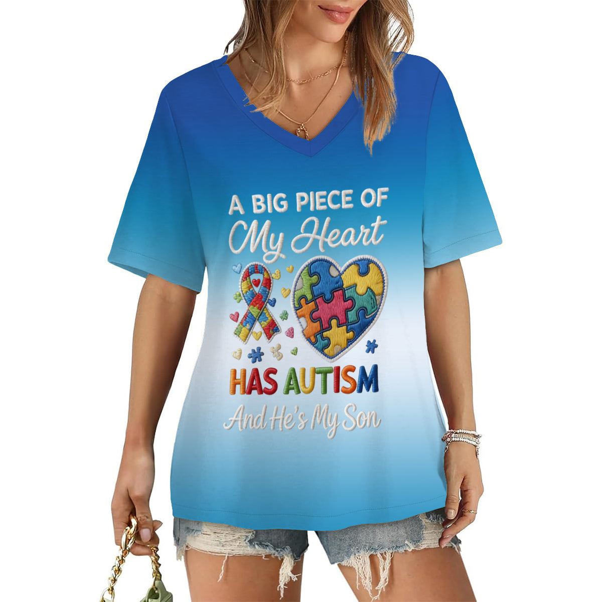 A Piece Of My Heart Has Autism - Personalized Autism Awareness V-Neck T-Shirt With Plush Pin
