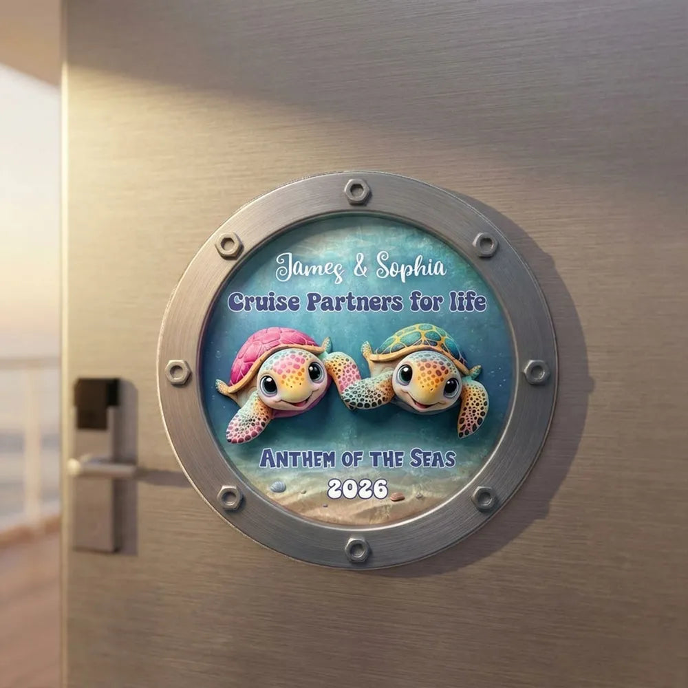 Acrylic Magnet Personalized for Cruise Partners, Colorful Turtle Porthole Design, Sweet Gift Idea for Wife or Husband