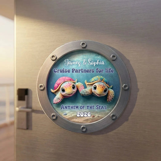 Acrylic Magnet Personalized for Cruise Partners, Colorful Turtle Porthole Design, Sweet Gift Idea for Wife or Husband