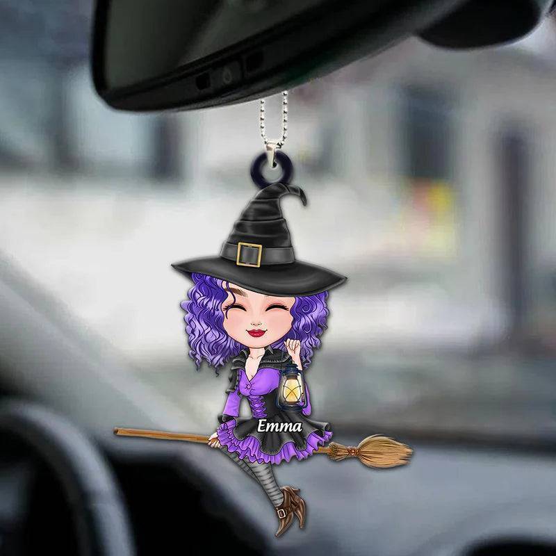 Car Ornament - Witch Riding Broom - Personalized Halloween Gift
