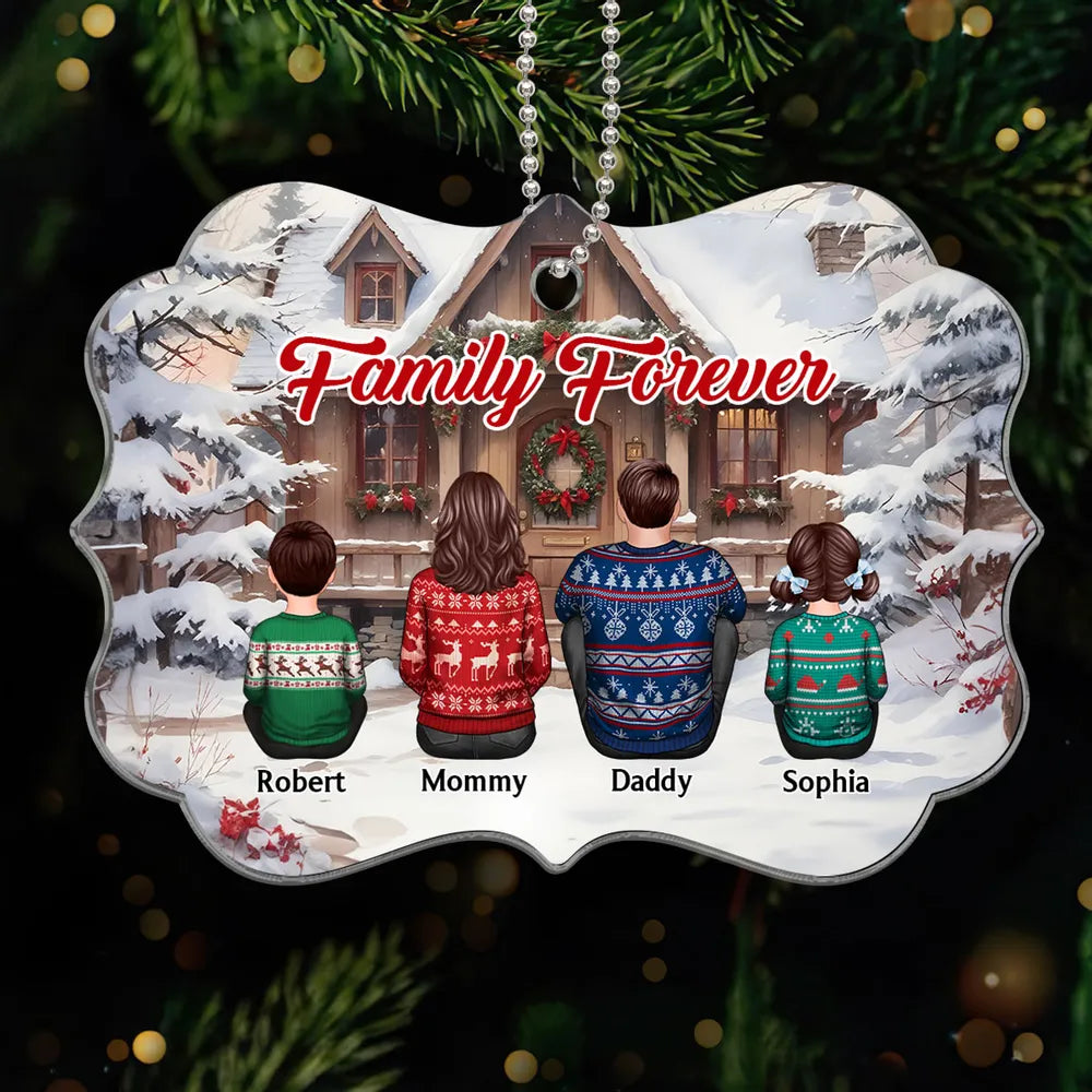 Snow House Back View Family Sitting Personalized Ornament or Poster or Plaque or Keychain