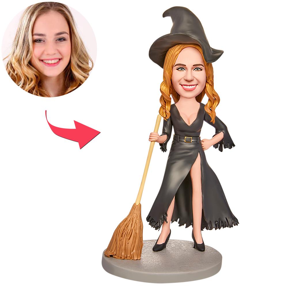 Black Witch With Broom - Personalized Witch Broom Bobblehead