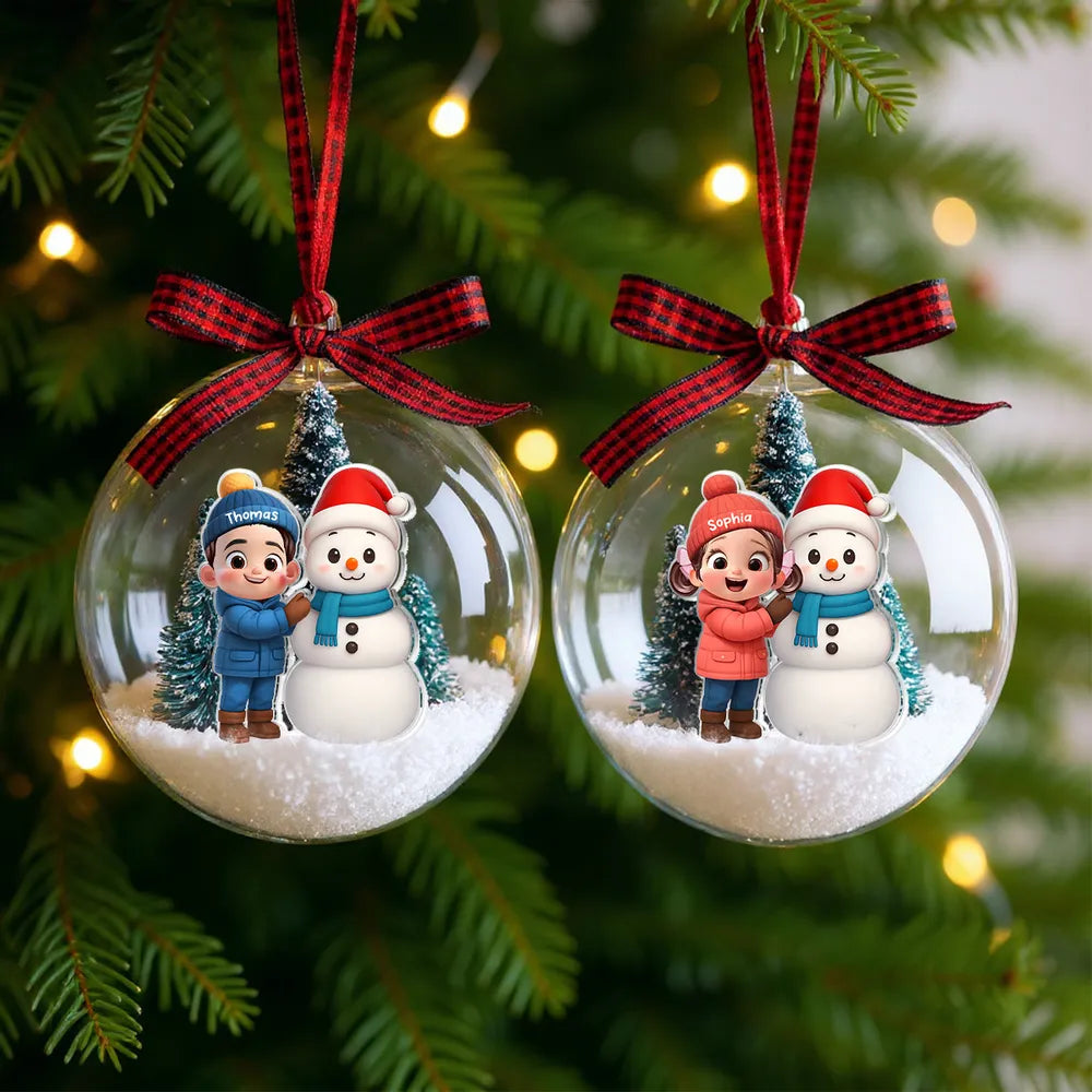 Snow Globe Ornament - Cute 3D Snowman Scene in Clear Acrylic, Easy to Hang, unique gift for Kids & Grandkids