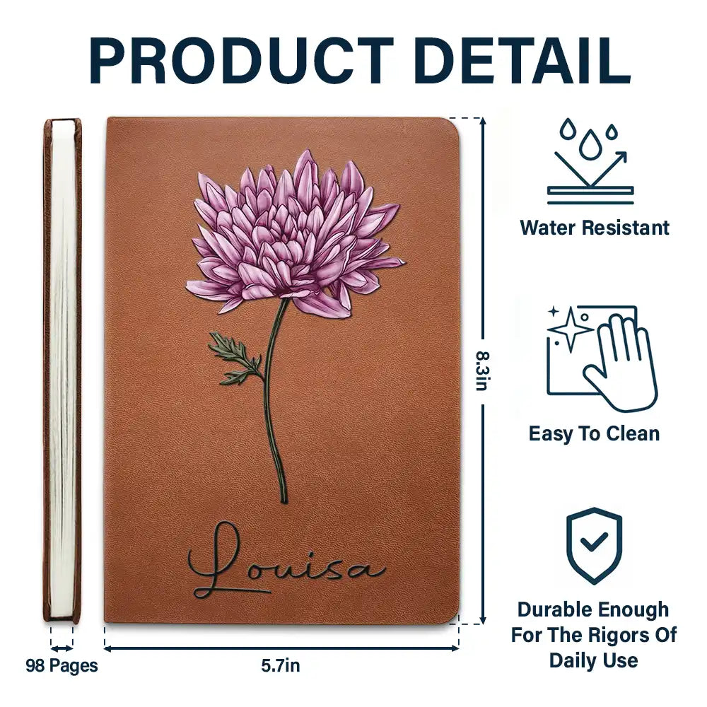 Personalized Leather Journal with Birth Month Flower Art, Custom Name Keepsake Notebook, Unique Gift for Her