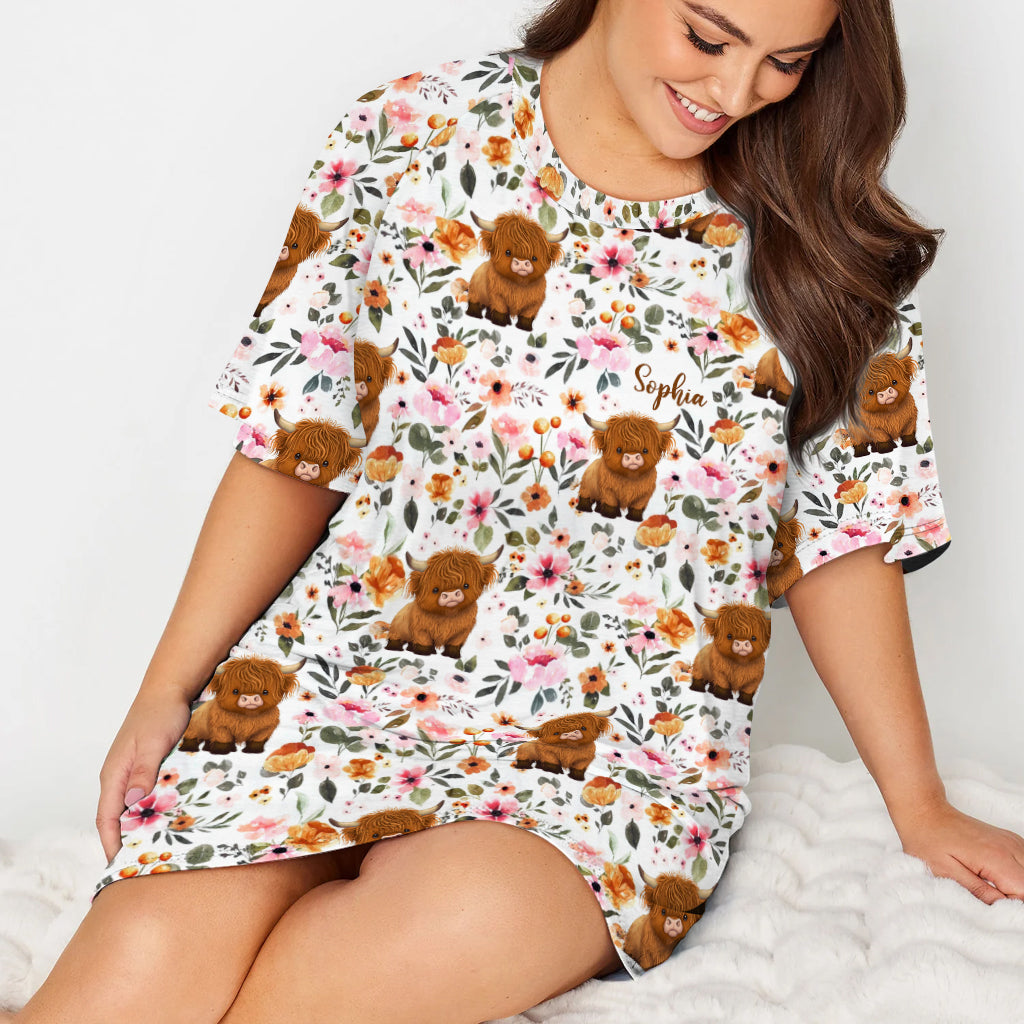 Floral Highland Cow - Personalized Highland Cow Sleep T-shirt Dress