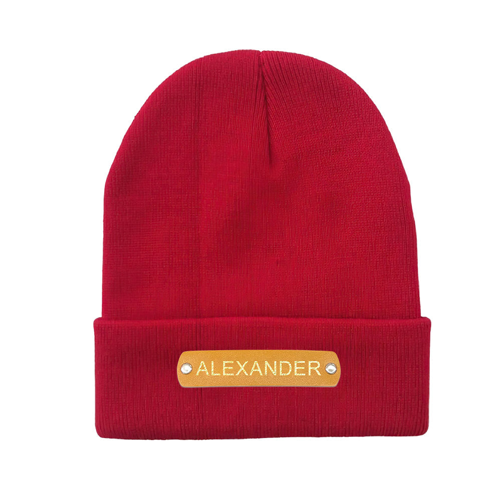 Custom Name Leather Patch Beanie - Personalized Beanie Hat
