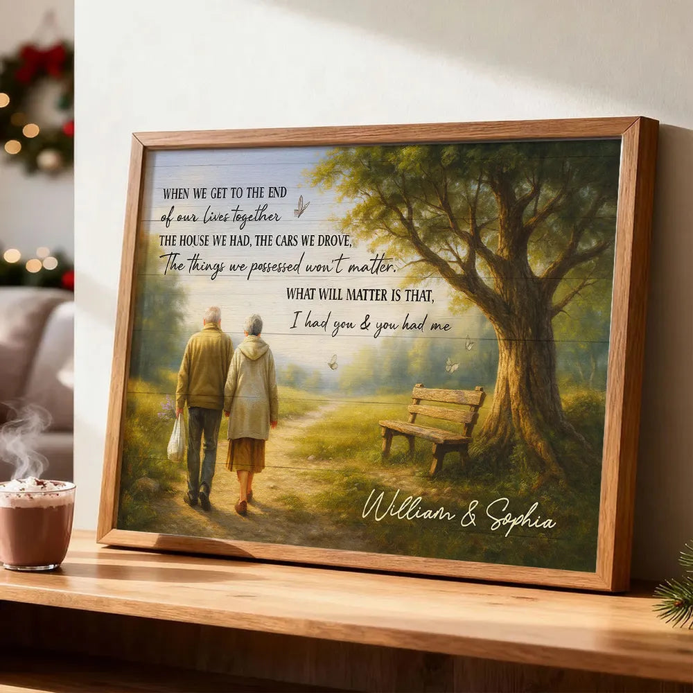 Custom Couple Poster Wall Art – Elderly Pair on Forest Path, Heartfelt Personalized Print, Romantic Keepsake Gift for Lifelong Partners