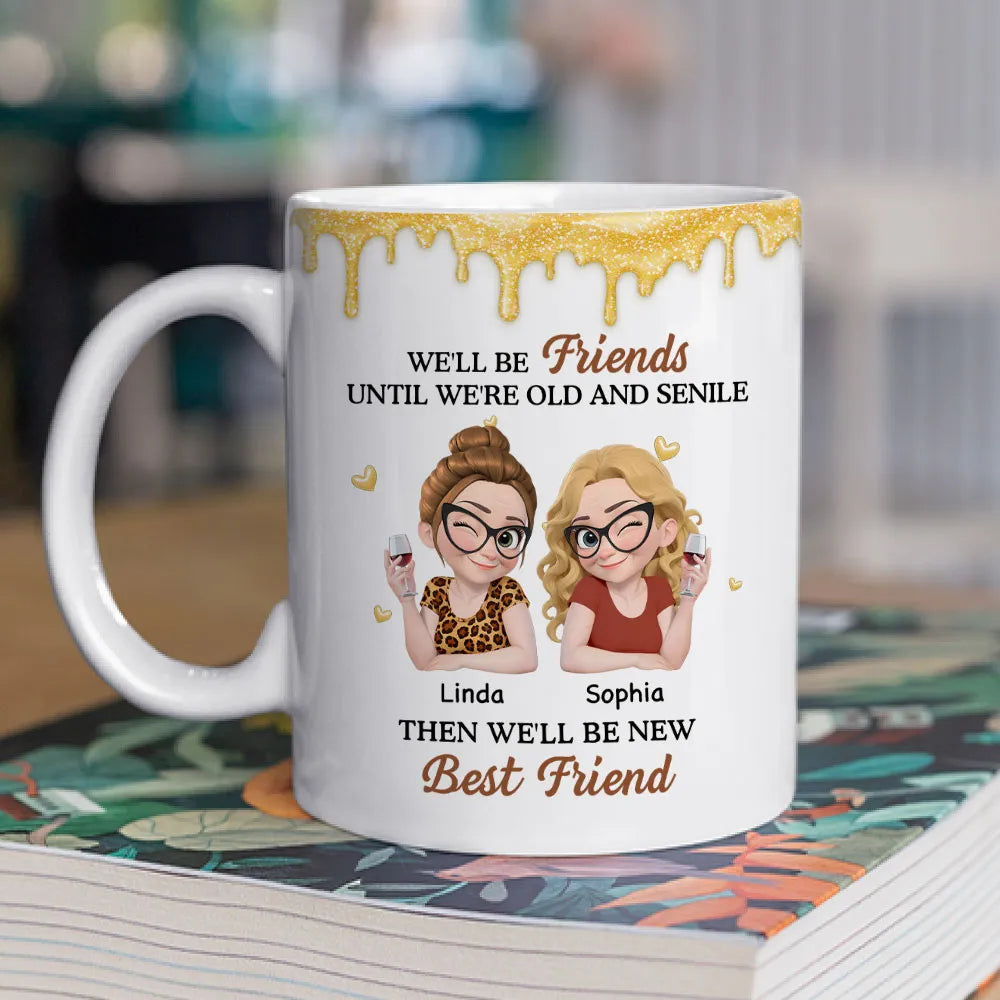 Personalized White Ceramic Mug with Two Best Friends Illustration, Fun Quote, Unique Gift for Bestie and Coworker