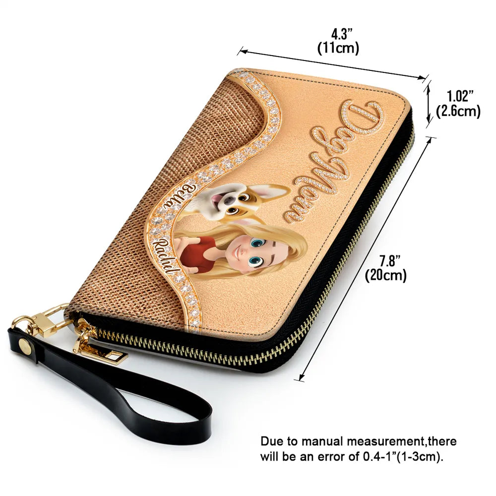 Personalized Dog Mom Leather Long Wallet, Custom Cartoon Woman & Puppy, Sleek Daily Carry, Unique Gift for Her