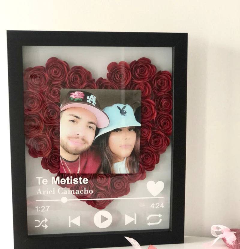 Love in Bloom - Personalized Heart-Shaped Flower Shadow Box with Photo - Ideal for Valentine's Day & Anniversaries