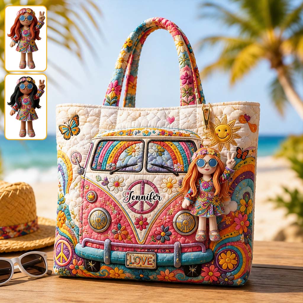 Hippie Soul Set Bag With Charm - Personalized Hippie Quilted Tote Bag With Plush Charm
