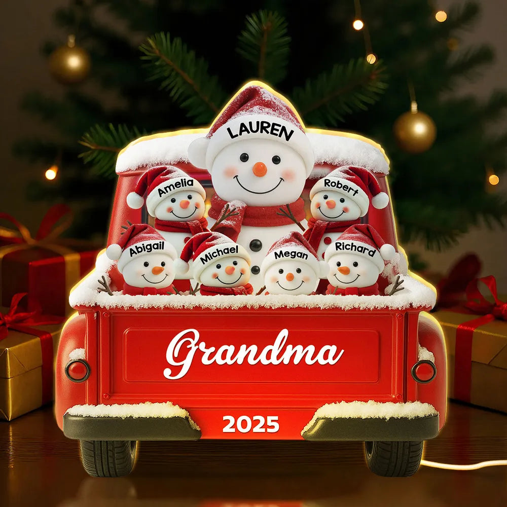 Custom Snowman Grandma & Grandkids Acrylic Light Box, Festive Red Truck Bedroom Lamp and Unique Holiday Gift for Family