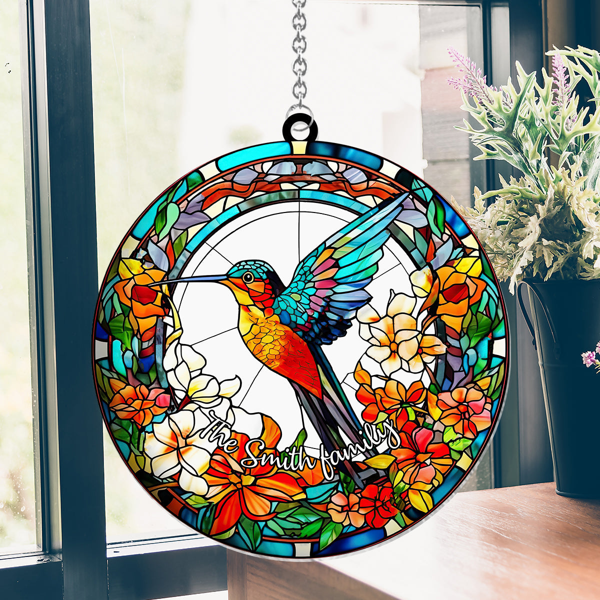 Beautiful Hummingbird Surrounded by Flowers - Personalized Hummingbird Window Hanging Suncatcher Ornament