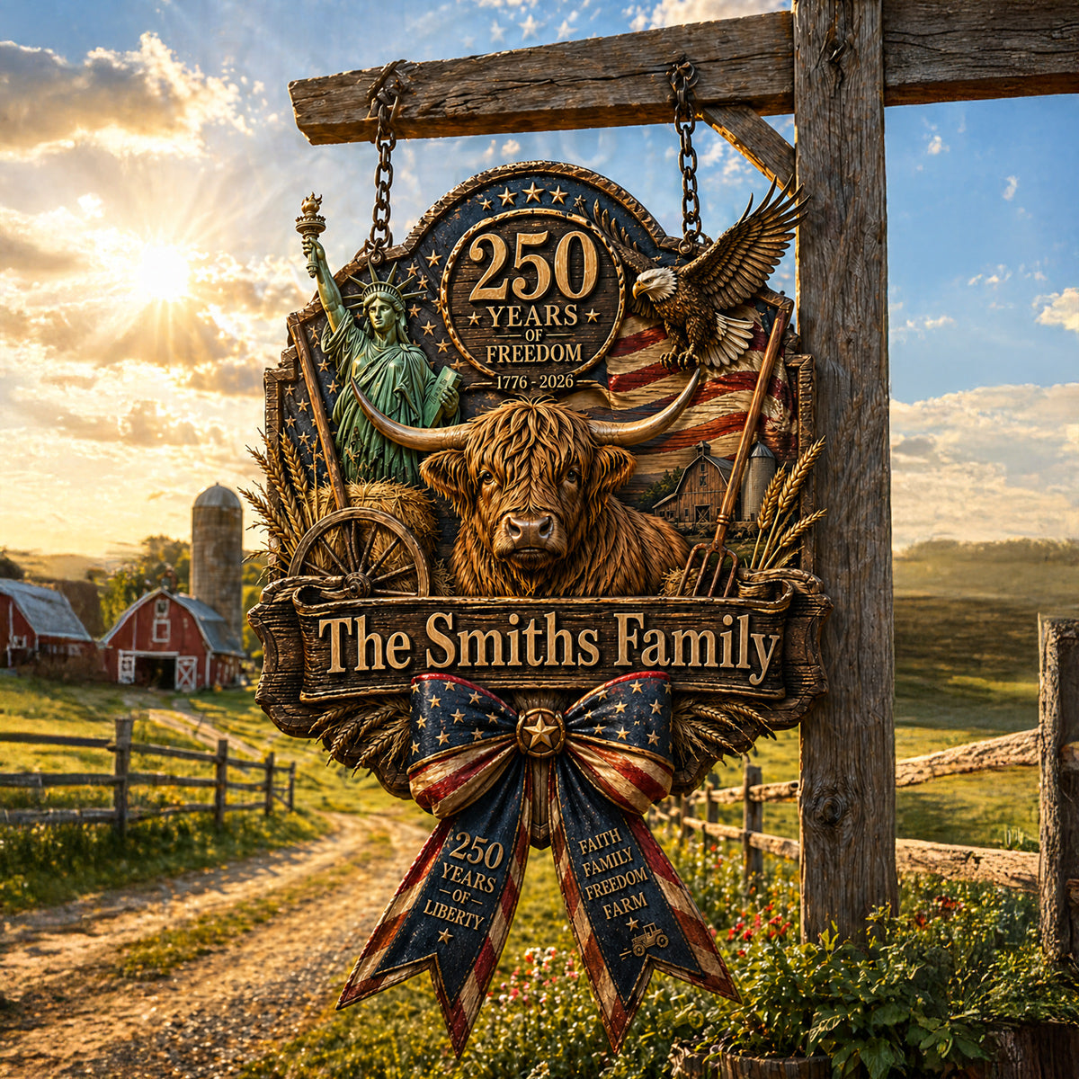 Celebrate 250th Anniversary, Highland Cow Lovers, Farmer Gift - Personalized Highland Cow Shaped Wood Sign With Sash