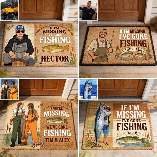 If I'm Missing I've Gone Missing - Personalized Fishing Shaped Doormat/ Rug